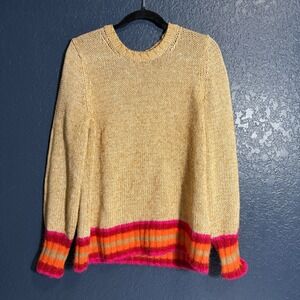 GAP Women's Knit Sweater Size L Beige Multicolored Stripe Trim Cozy Fall Winter